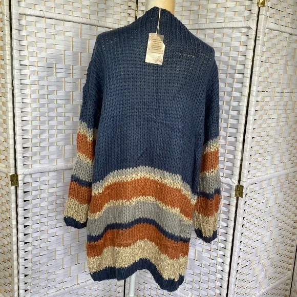 NWT Hem & Thread Stripe Bottom Cardigan Sweater Oversized Bohemian Style Fit - Picture 6 of 14